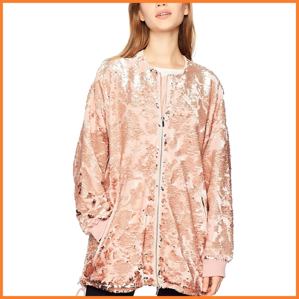 French Connection Pink Sequin Embellished Bomber Jacket